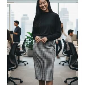 ESPRIT VTG Pencil Skirt Black Plaid SZ 13/14 Italy Lined Linen Blend 80's Office